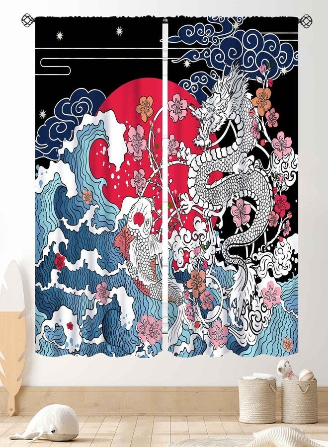 TKUYO Japanese Curtains, Asian Style Japanese Wave Chinese Dragon Cherry Blossom Traditional Oriental Aesthetic Anime Window Drapery Treatments for Bedroom Living Room Bathroom, 42"x45" Inch - Image 1